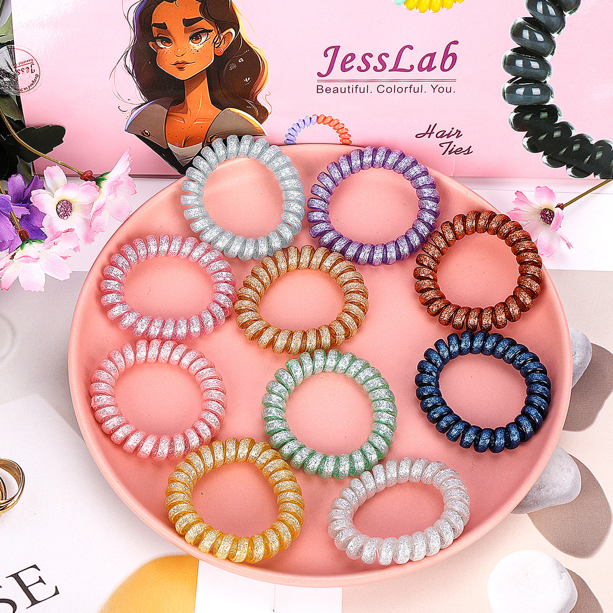 JessLab Spiral Hair Ties, 10 Pcs, No-Damage Coil Bands for Women and Girls